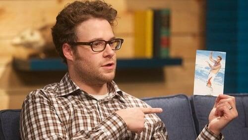 Seth Rogen Wears a Plaid Shirt & Brown Pants