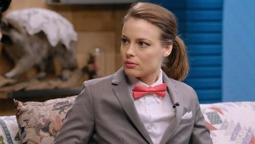 Gillian Jacobs Wears a Gray Checkered Suit and a Red Bow Tie